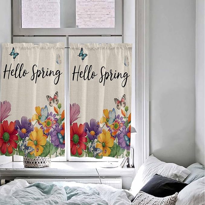 Spring Flowers Tier Curtains 45 Inches Long, Farmhouse Vintage Country Colorful Floral Window Treatment Curtain Drapes, Small Curtain Drapes for Bathroom Laundry Room, 27.5"x45", 2 Panels
