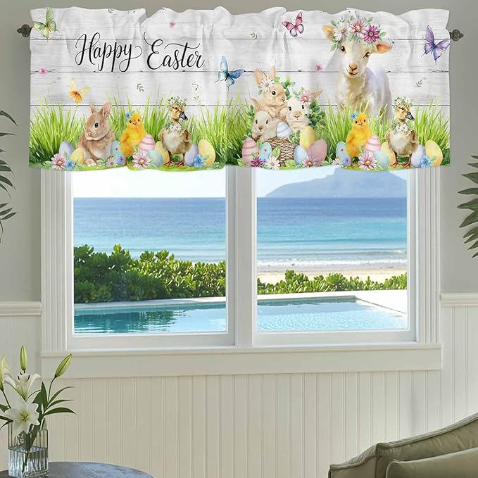 Easter Curtain Valances for Windows, Kitchen Valance Window Treatment, Spring Sheep Bunny Duck Plants Wooden Grain Light Filtering Block Curtains for Bathroom/Bedroom/Living Room 54'' x 18''