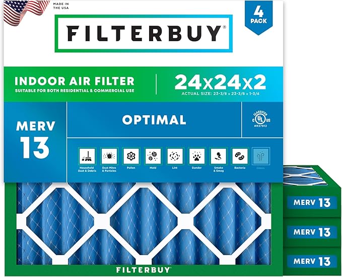 Filterbuy 24x24x2 Air Filter MERV 13 Optimal Smoke & Allergy Defense (4-Pack), Electrostatic Pleated HVAC AC Furnace Filters Replacement, Made in USA (Actual Size: 23.38 x 23.38 x 1.75)