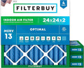 Filterbuy 24x24x2 Air Filter MERV 13 Optimal Smoke & Allergy Defense (4-Pack), Electrostatic Pleated HVAC AC Furnace Filters Replacement, Made in USA (Actual Size: 23.38 x 23.38 x 1.75)