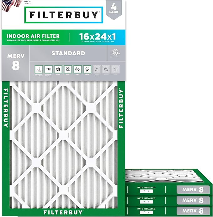 Filterbuy 16x24x1 Air Filter MERV 8 Essential Dust & Allergy Defense (4-Pack), Electrostatic Pleated HVAC AC Furnace Filters Replacement, Made in USA (Actual Size: 15.38 x 23.38 x 0.75)