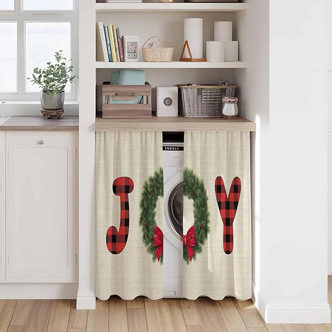 Red Green Christmas Kitchen Tier Curtains 45 Inch Long 2 Panel Set,Rod Pocket Short Window Treatment,Farmhouse Xmas Botanical Winter Curtains & Drapes for Bathroom Basement 27.5"W x 45"L
