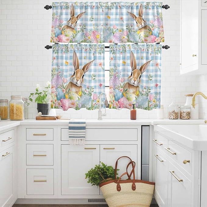 Kitchen Curtains Tiers and Valance Set of 3, Easter Light Filtering Window Curtain Set, Spring Rabbit Eggs Seasonal Flowers Blue Lattice Rod Pocket Curtain Drapes for Living Room, 24 Inches Tiers