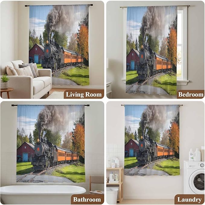 Steam Train Sheer Curtains 84 Inch Length Railroad Country Barn Rustic Trees Farmhouse Chiffon Curtain for Bedroom Living Room Light Filtering Rod Pocket Window Treatments Voile Curtains Drapes