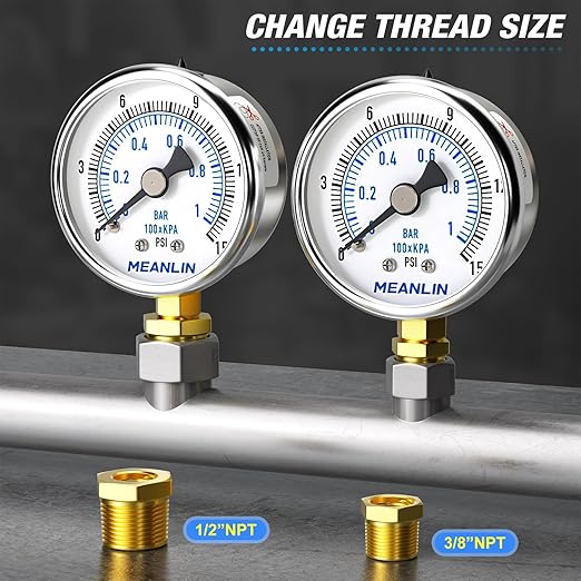 MEANLIN MEASURE 0~15Psi Dry Low Pressure Gauge Stainless Steel 1/4" NPT 2" FACE DIAL Waterproof for Water Oil Air Well Pump Tank Tire Pressure Test Lower Mount, with 1/2" NPT and 3/8" NPT Hex Bushing