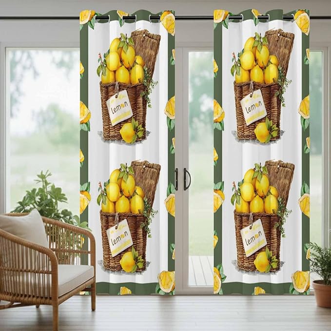 Lemon Outdoor Curtains for Patio Lemons in Baskets Summer Tropical Plants Green Waterproof Outside Curtains with Grommet Top Weatherproof Curtain for Cabana Pergola Gazebo, 2 Pack, 54" W x 95" L