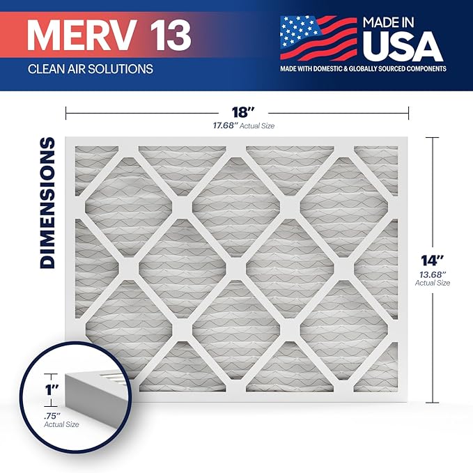 BNX TruFilter 14x18x1 Air Filter MERV 13 (12-Pack) - MADE IN USA - Electrostatic Pleated Air Conditioner HVAC AC Furnace Filters for Allergies, Pollen, Mold, Bacteria, Smoke, Allergen, MPR 1900 FPR 10