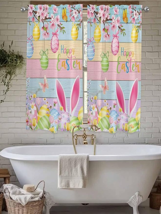Colorful Easter Bedroom Curtains 63 Inches length, Spring Watercolor Bunny Egg Flower Wood Grain Window Treatment Curtain Drapes, Rod Pocket Curtain Panels for Living Room Kitchen, 42"x63", 2 Panels