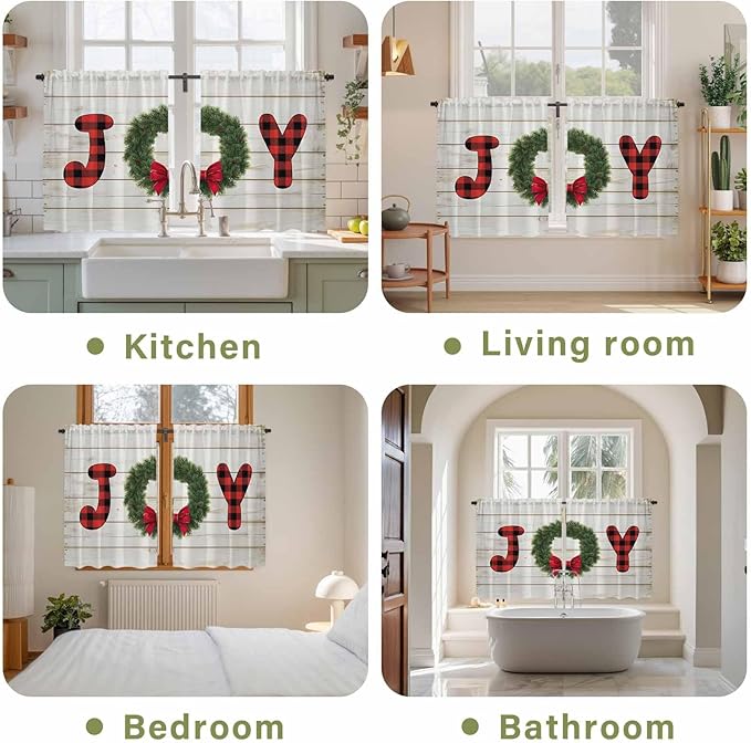 Christmas Wreaths Kitchen Curtains 54 Inch Long 2 Panel Set,Rod Pocket Window Curtains Panels,Winter Bow Plaid Farmhouse Wooden Grain Light Filtering Privacy Draperies for Bedroom Laundry 42"W x 54"L