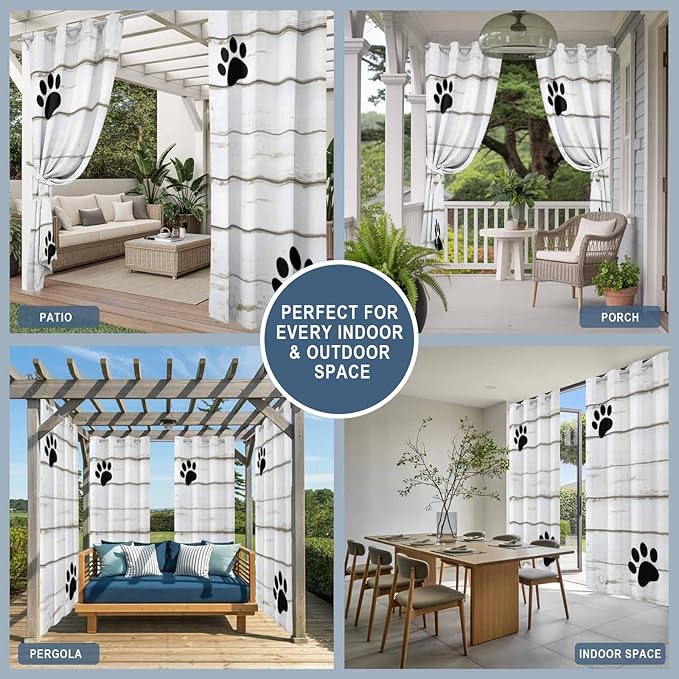 Wood Grain Outdoor Curtains for Patio Claws Animals Wooden White Waterproof Outside Curtains with Grommet Top Weatherproof Curtain for Cabana Pergola Gazebo, 2 Pack, 54" W x 95" L