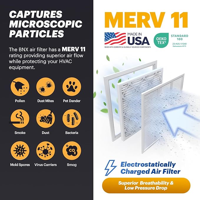 BNX TruFilter 16x30x1 Air Filter MERV 11 (4-Pack) - MADE IN USA - Allergen Defense Electrostatic Pleated Air Conditioner HVAC AC Furnace Filters for Allergies, Dust, Pet, Smoke, Allergy MPR 1200 FPR 7