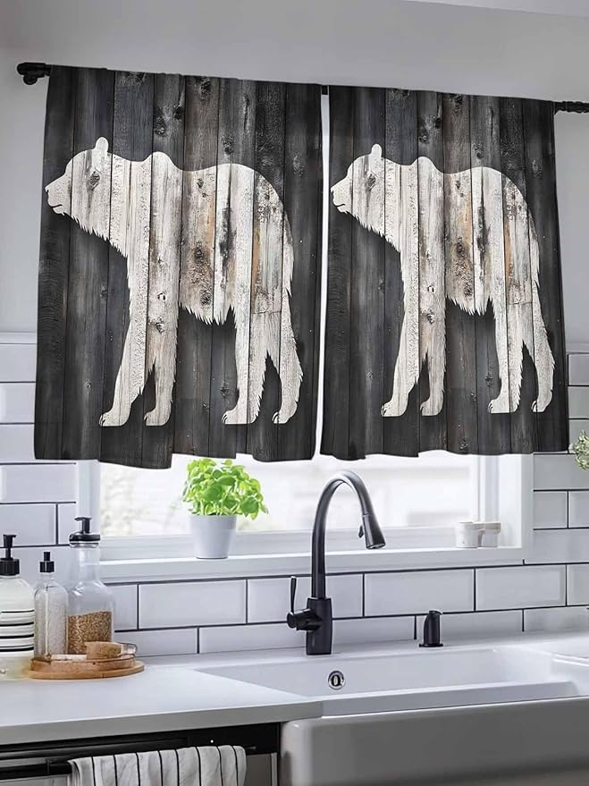 Sheer Curtains 54 Inch Length, White Brown Bear Semi Sheer Curtains Light Filtering Window Treatment, Farmhouse Country Vintage Wood Grain Privacy Voile Drapes for Living Room Bedroom 52x54 Inch