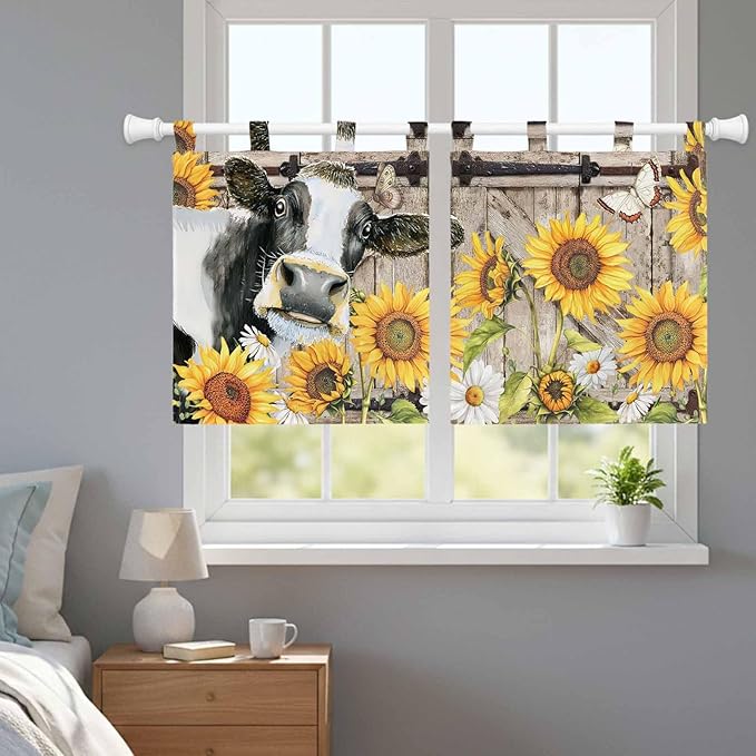 Retro Farmhouse Flower Kitchen Curtains 24 Inch Length, Small Window Curtains Tab Top, Yellow Sunflowers Cow Barn Doors Brown Light Filtering Short Window Treatments Tier Drapes 27.5"x24" 2 Panel