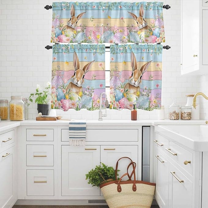 Kitchen Curtains Tiers and Valance Set of 3, Easter Light Filtering Window Curtain Set, Spring Rabbit Eggs Floral Colorful Wooden Grain Rod Pocket Curtain Drapes for Cafe, Living Room, 24 Inches Tiers