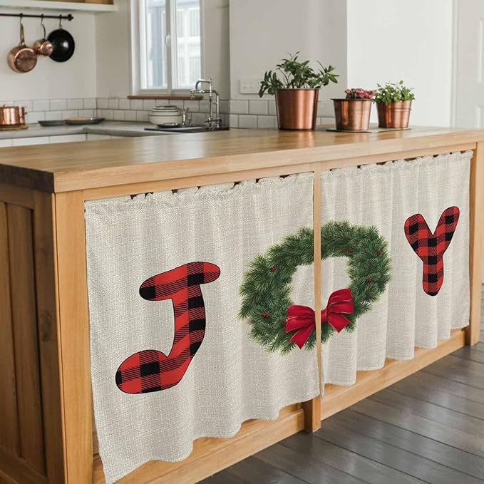 Red Green Christmas Kitchen Tier Curtains 36 Inch Long 2 Panel Set,Rod Pocket Half Window Curtains Over Sink,Farmhouse Xmas Botanical Winter Short Drapes for Bathroom Cafe 27.5"W x 36"L