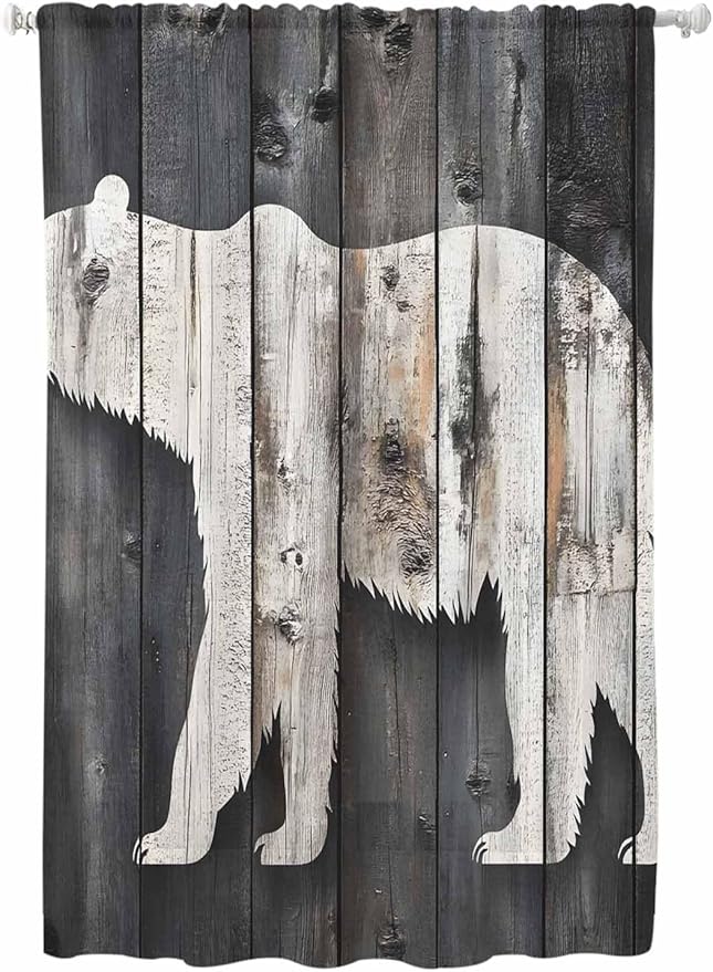 Sheer Curtains 63 Inch Length, White Brown Bear Semi Sheer Curtains Light Filtering Window Treatment, Farmhouse Country Vintage Wood Grain Privacy Voile Drapes for Living Room Bedroom 52x63 Inch