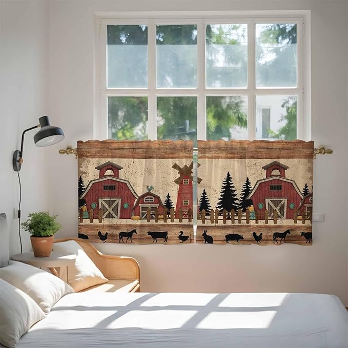 Brown Farmhouse Tier Curtains, Vintage Country Animals Wooden Grain Light Filtering Kitchen Curtains, 2Pcs Rod Pocket Half Window Treatments Panels for Sink Cafe Cabinet Camper 27.5x36 Inches