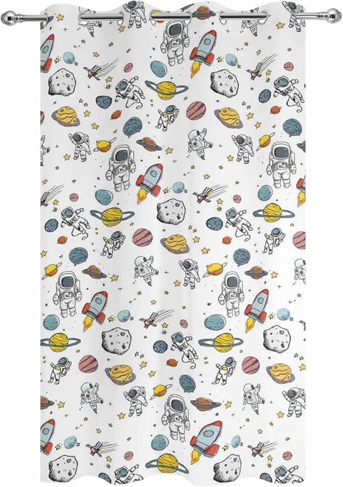 Cartoon Space Outdoor Curtains for Patio Astronauts Spacecraft Rockets Waterproof Outside Curtains with Grommet Top Weatherproof Curtain for Cabana Pergola Gazebo, 1 Panel, 54" W x 84" L