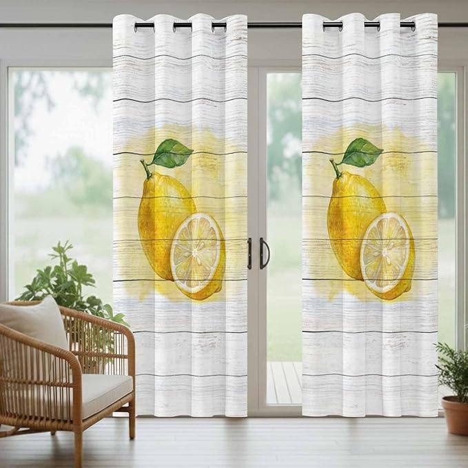 Lemons Yellow Summer Fruit Vintage Wood Outdoor Curtains for Patio Waterproof Outside Curtains with Grommet Top Weatherproof Curtain for Cabana Pergola Gazebo, 1 Panel, 54" W x 108" L