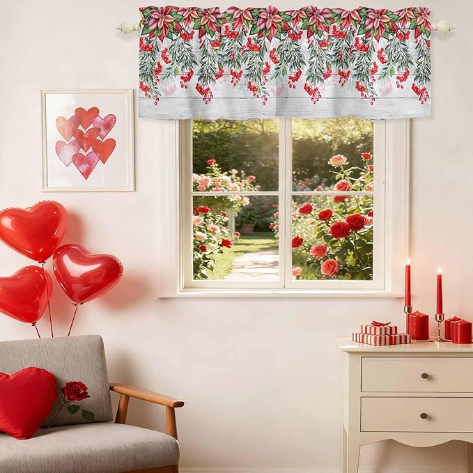 Poinsettia Berry Valance Curtains for Kitchen, Red Floral Winter Plants Vintage Wood Grain Privacy Rod Pocket Valance Curtain, Light-Filtering Window Treatment for Bedroom Bathroom, 54"x18"