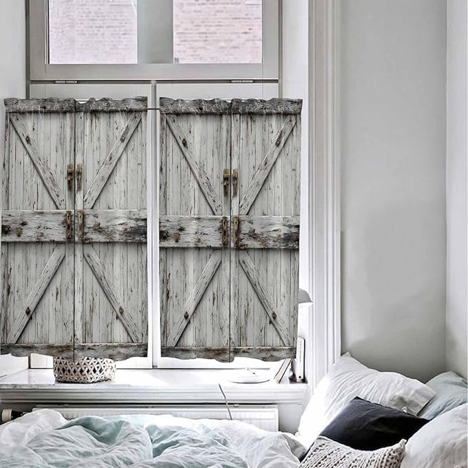 Vintage Gate Tier Curtains 45 Inches Long, Farmhouse Wooden Grain Shabby Chic Door Window Treatment Curtain Drapes, Small Curtain Drapes for Bathroom Laundry Room, 27.5"x45", 2 Panels