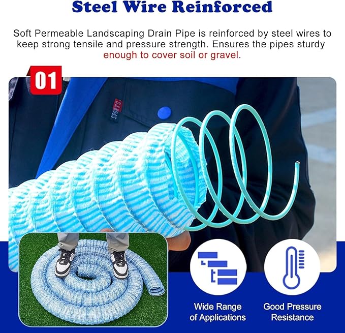 5cm/2in Diameter French Drain Pipe Perforated Drainage Pipes, Soft Infiltration Tubular Underground Drainage Systems for Outside Driveway/Sidewalk, Steel Wire Reinforced Permeable Tube(700cm)