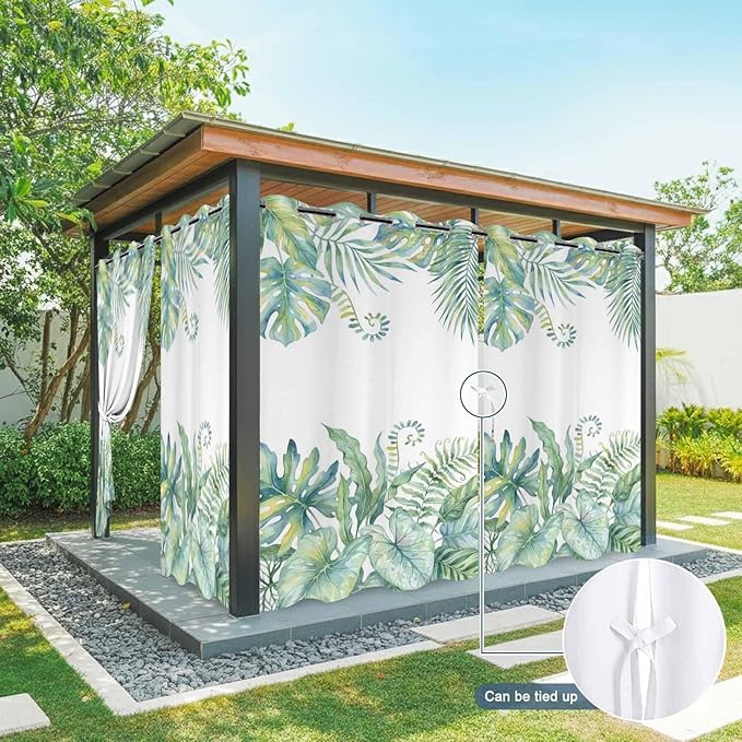 Leaves Outdoor Curtains for Patio Green Leaf Tropical Plants Farmhouse Pastoral Waterproof Outside Curtains with Grommet Top Weatherproof Curtain for Cabana Pergola Gazebo, 1 Panel, 54" W x 84" L