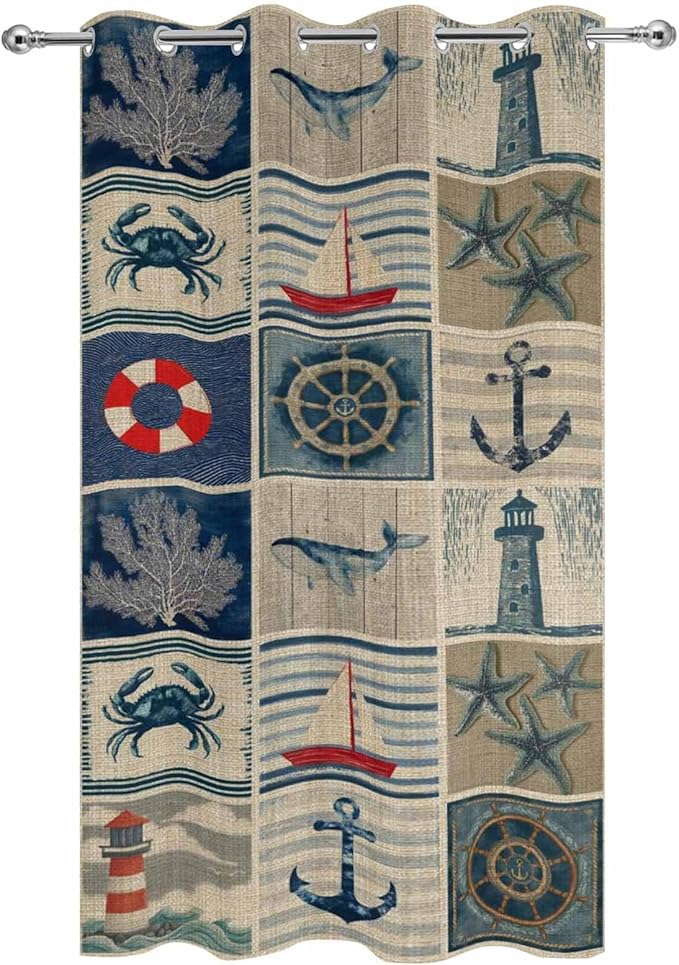 Oceans Outdoor Curtains for Patio Shell Starfish Whales Summer Vintage Waterproof Outside Curtains with Grommet Top Weatherproof Curtain for Cabana Pergola Gazebo, 1 Panel, 54" W x 108" L