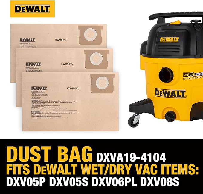 DEWALT DXVA19-4104 Dust Filter Bags, High Efficiency Replacement Bags for DEWALT Wet Dry Vac 5-8 Gallon, Wet Dry Vac Accessories, Dust Collection Bag Vacuum Bag (3-Pack)