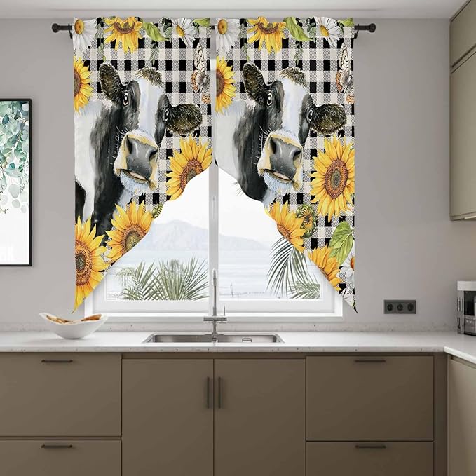 Retro Sunflowers Swag Valances for Windows, Farmhouse Floral Cow Butterfly Black Plaid Rod Pocket Kitchen Curtains Valance, Small Window Curtains Swag for Cafe Living Room, 2 Panels, 36x36 inch