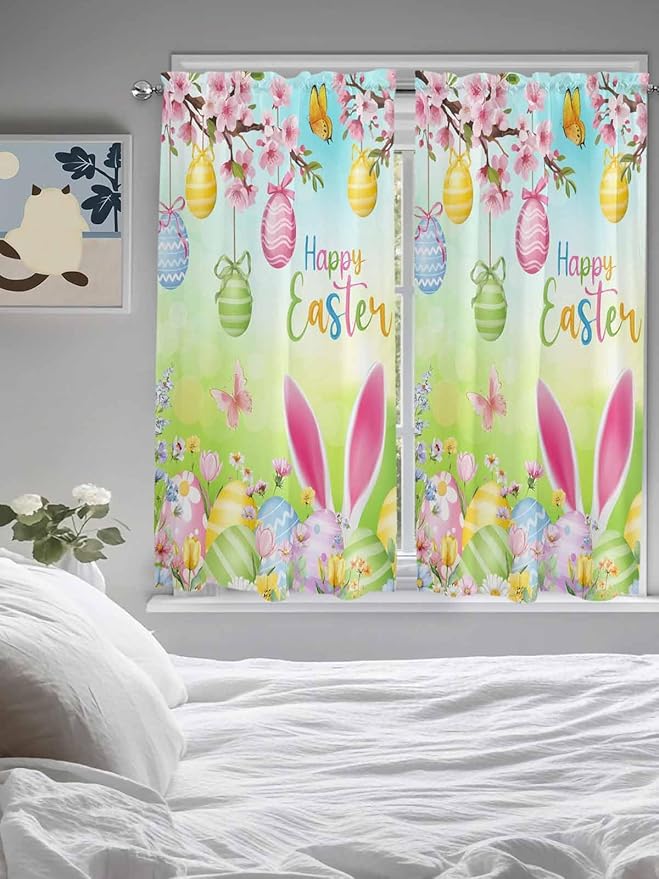 Easter Bedroom Curtains 63 Inches length, Spring Bunny Colorful Rabbit Eggs Butterfly Blue Green Window Treatment Curtain Drapes, Rod Pocket Curtain Panels for Living Room Kitchen, 42"x63", 2 Panels