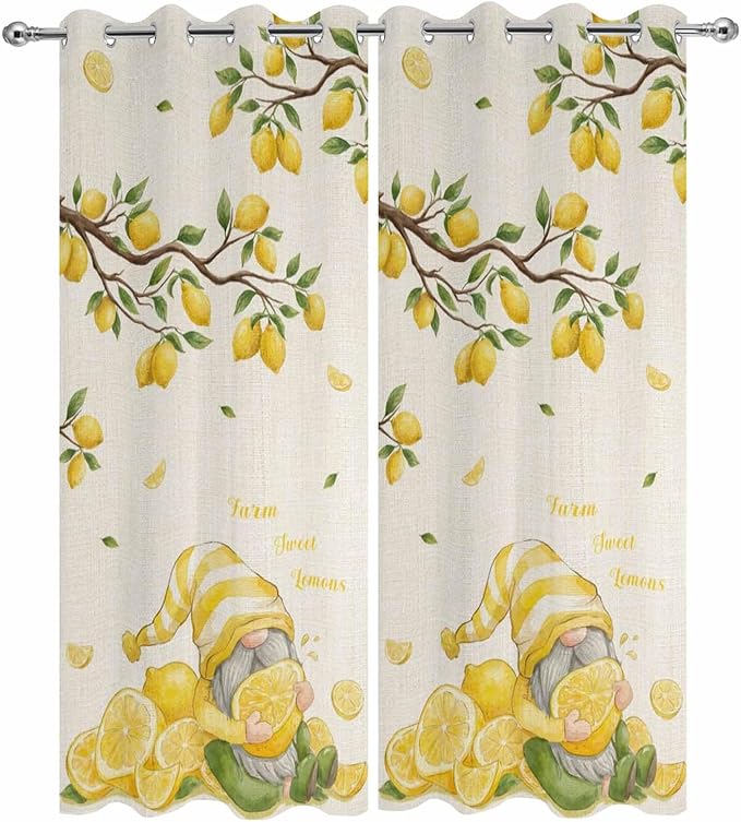 Summer Outdoor Curtains for Patio Lemon Gnome Leaf Linen Texture Waterproof Outside Curtains with Grommet Top Weatherproof Curtain for Cabana Pergola Gazebo, 2 Pack, 54" W x 84" L