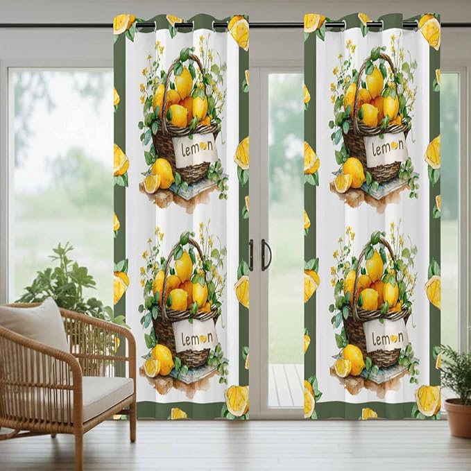 Lemon Outdoor Curtains for Patio Lemons Baskets Summer Tropical Plant Waterproof Outside Curtains with Grommet Top Weatherproof Curtain for Cabana Pergola Gazebo, 2 Pack, 54" W x 84" L