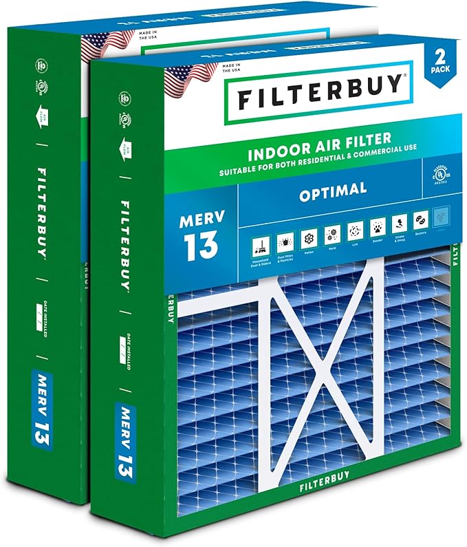 Filterbuy 20x22x5 Air Filter MERV 13 Optimal Smoke & Allergy Defense (2-Pack), Pleated HVAC AC Furnace Filters for Amana, Goodman, Nordyne, and Five Seasons (Actual Size: 19.50 x 21.94 x 5.25)