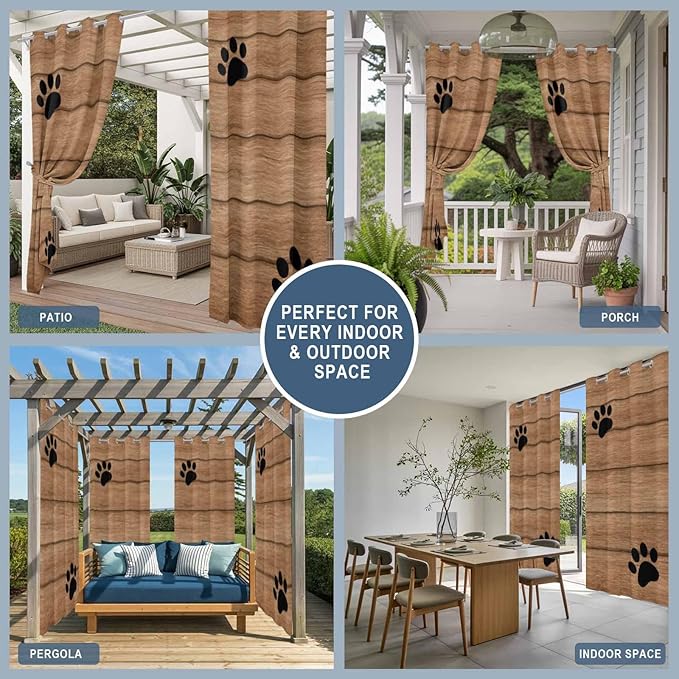 Wood Grain Outdoor Curtains for Patio Claws Animals Wooden Vintage Waterproof Outside Curtains with Grommet Top Weatherproof Curtain for Cabana Pergola Gazebo, 2 Pack, 54" W x 95" L