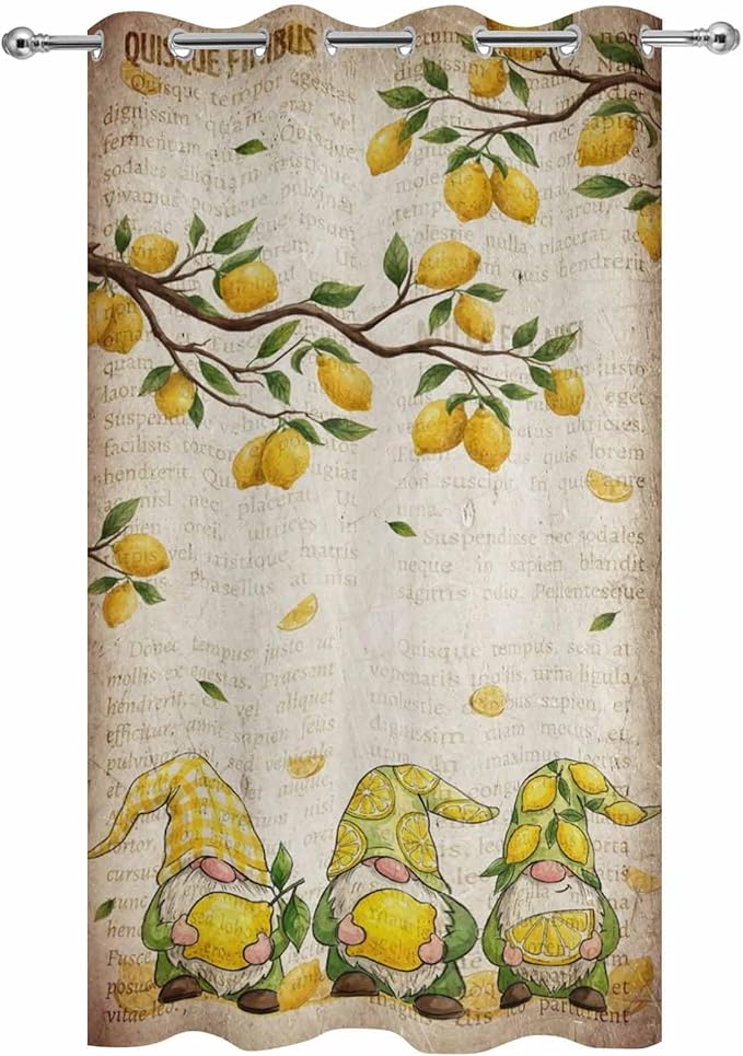 Summer Gnome Outdoor Curtains for Patio Gnome Lemon Leaf Vintage Waterproof Outside Curtains with Grommet Top Weatherproof Curtain for Cabana Pergola Gazebo, 1 Panel, 54" W x 84" L