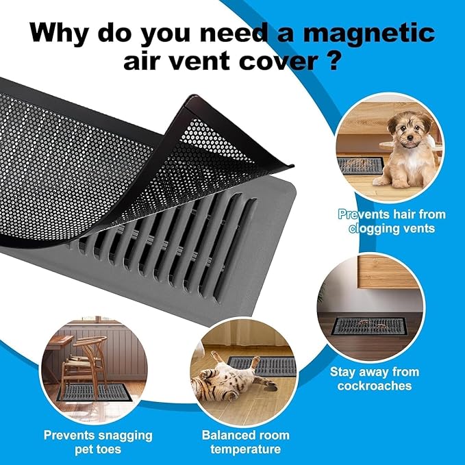 4 PCS Magnetic Vent Covers - 4.7"x12" Magnetic Air Vent Screen - for Floor/Wall/Ceiling Registers - Easy Install, Secure Fit - Durable(Fits Registers 5" to 6" W x 12" to13" L)