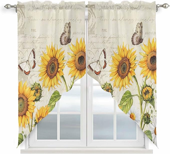 Farm Sunflowers Swag Valances for Windows, Retro Flowers Butterfly Botanical Beige Rod Pocket Kitchen Curtains Valance, Kitchen Window Curtains Swag for Cafe Bathroom Living Room, 2 Panels, 36x45 inch