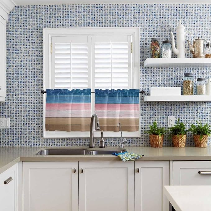 Blue Pink Brown Gradient Wood Grain Window Valance Curtains, Vintage Wood Board Light Filtering Kitchen Valance with 3-inch Rod Pocket for Living Room Bathroom Bedroom,2 Panel,27.5x36In
