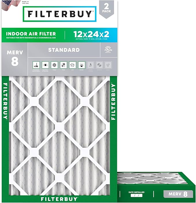 Filterbuy 12x24x2 Air Filter MERV 8 Essential Dust & Allergy Defense (2-Pack), Electrostatic Pleated HVAC AC Furnace Filters Replacement, Made in USA (Actual Size: 11.38 x 23.38 x 1.75)