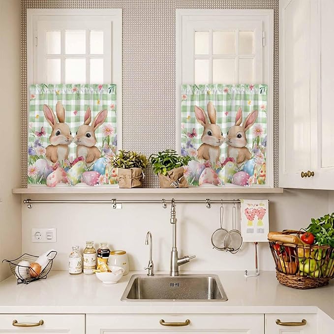 Easter Kitchen Curtains Set 3 Piece for Windows, Rod Pocket Valance and Tier Set 36 Inch Length, Spring Rabbit Eggs Flower Butterfly Green Plaid Light Filtering Cafe Curtains for Living Room Bathroom