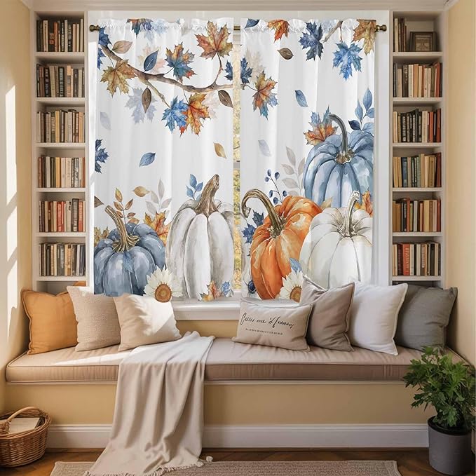 Navy Blue Pumpkin Fall Window Curtains 63 Inch Long 2 Panel Set, Rod Pocket Bedroom Curtains & Drapes, Thanksgiving Maple Leaves Branches Light Filtering Window Treatment for Living Room 42"W x 63"L