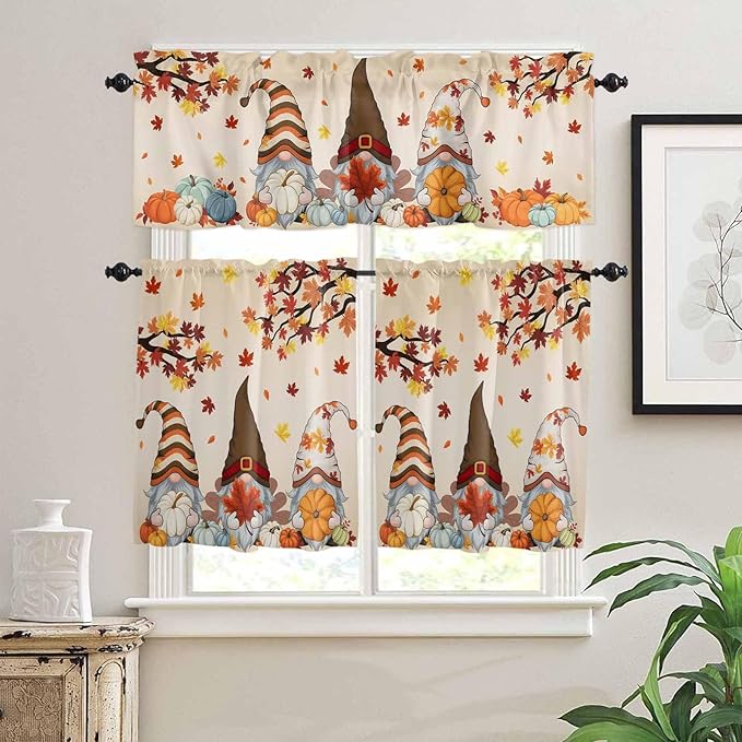 Fall Kitchen Curtain Set, Orange Pumpkins Thanksgiving Gnomes Autumn Maple Leaf Window Valance and Tiers 24" Length, Light Filtering Short Curtains Valance for Cafe Bathroom Bedroom 54"x18"