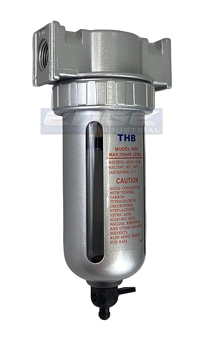 MID FLOW PARTICULATE FILTER/WATER TRAP FOR AIR COMPRESSOR COMPRESSED AIR LINES, 5u WITH POLY BOWL AND METAL BOWL GUARD (3/8" NPT)