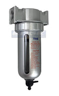 MID FLOW PARTICULATE FILTER/WATER TRAP FOR AIR COMPRESSOR COMPRESSED AIR LINES, 5u WITH POLY BOWL AND METAL BOWL GUARD (3/8" NPT)