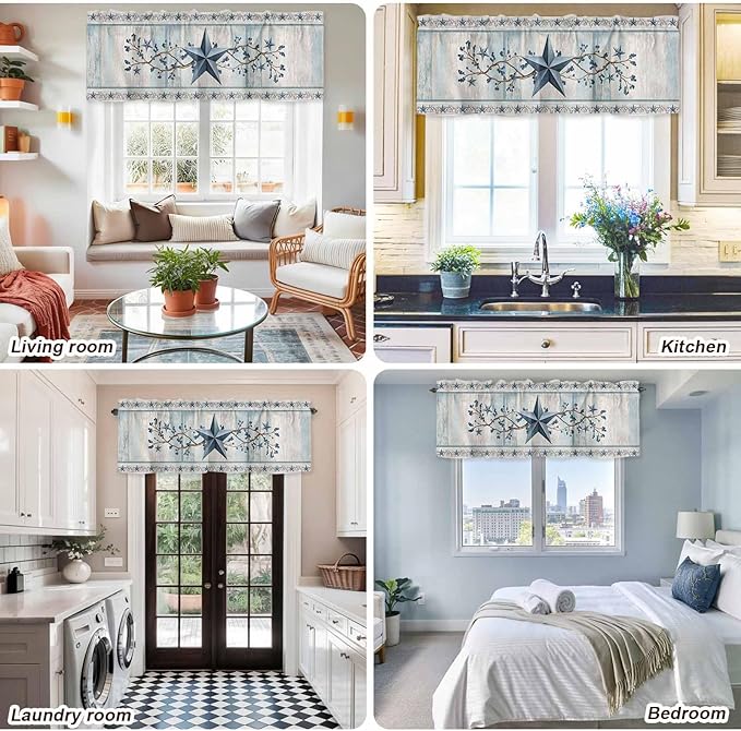 Texas Star Blue Curtain Valances for Windows, Kitchen Valance Window Treatment, Farmhouse Country Branches Wooden Grain Light Filtering Block Curtains for Bathroom/Bedroom/Living Room 42'' x 12''