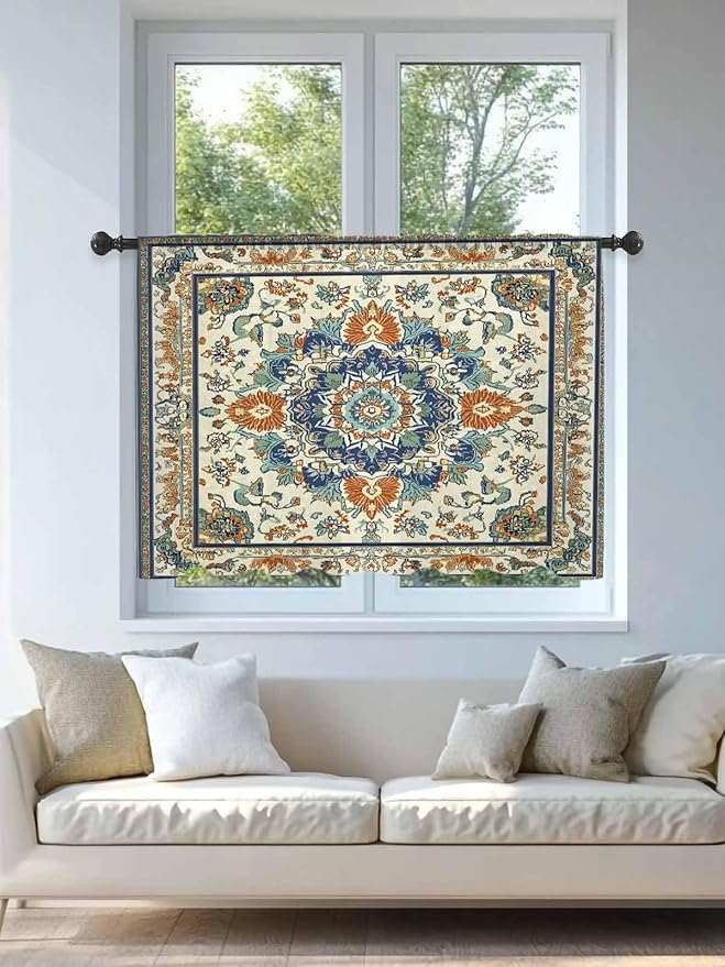 Sheer Curtains 54 Inch Length, Southwest Farmhouse Semi Sheer Curtains Light Filtering Window Treatment, Orange Blue Desert Bohemian Privacy Voile Drapes for Living Room Bedroom 52x54 Inch