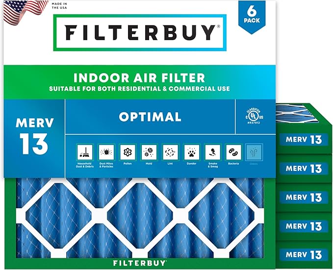 Filterbuy 18x18x2 Air Filter MERV 13 Optimal Smoke & Allergy Defense (6-Pack), Electrostatic Pleated HVAC AC Furnace Filters Replacement, Made in USA (Actual Size: 17.75 x 17.75 x 1.75)