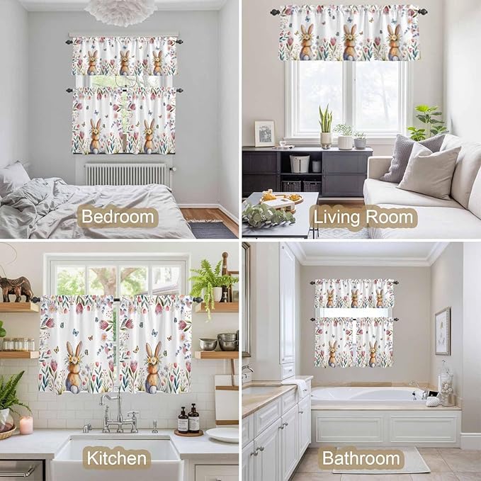 Kitchen Curtains Tiers and Valance Set of 3, Easter Light Filtering Window Curtain Set, Spring Flowers Wreath Rabbit Budding Florals Rod Pocket Curtain Drapes for Cafe, Living Room, 36 Inches Tiers