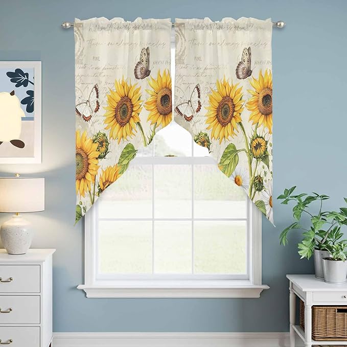 Farm Sunflowers Swag Valances for Windows, Retro Flowers Butterfly Botanical Beige Rod Pocket Kitchen Curtains Valance, Kitchen Window Curtains Swag for Cafe Bathroom Living Room, 2 Panels, 36x45 inch